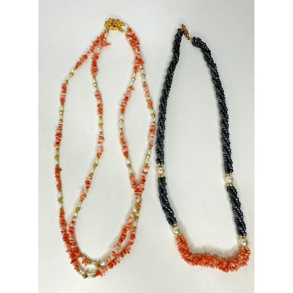 Pink Coral Necklace Set of 2 Hematite Freshwater and Faux Pearl 20" Gold Tone